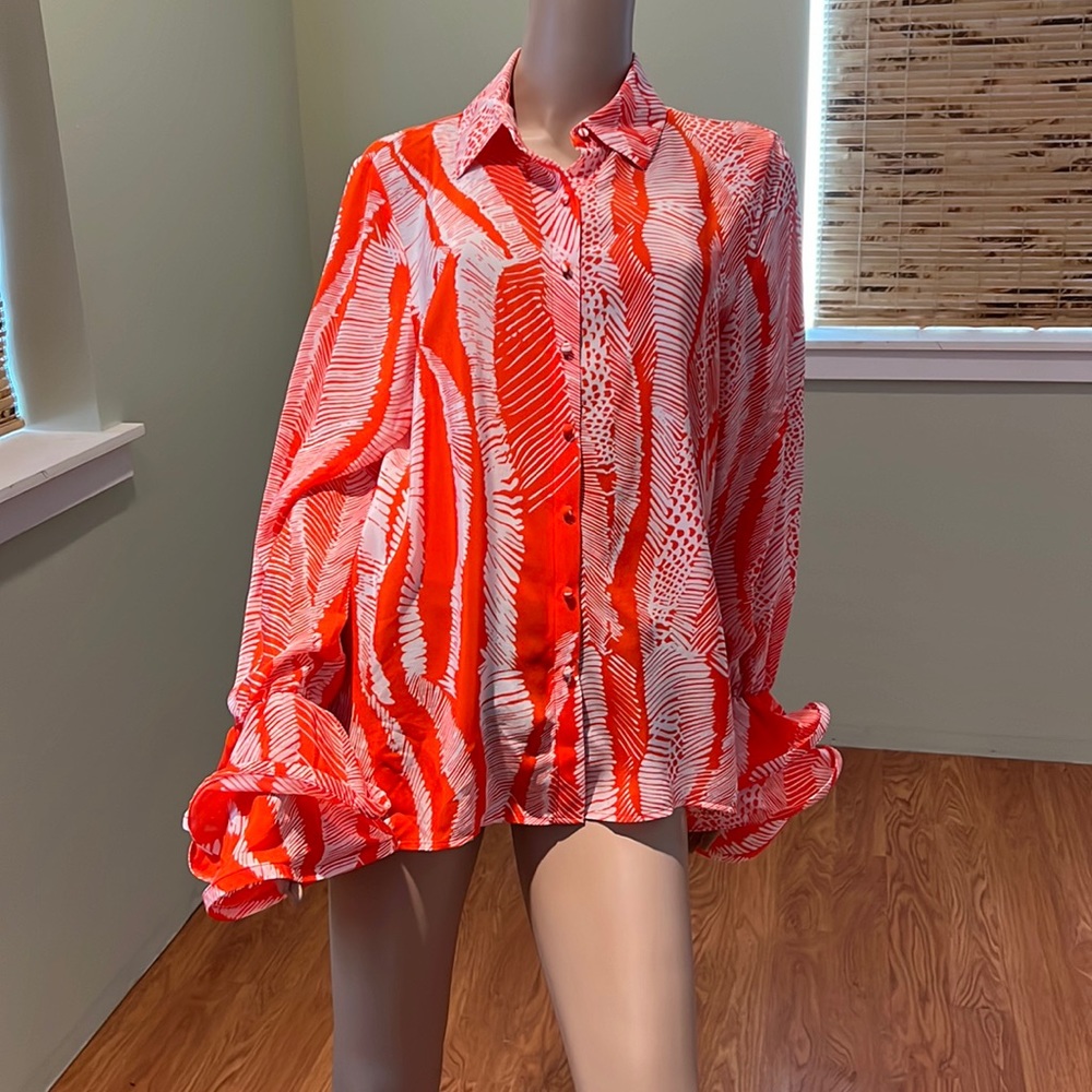 Alexie Gorgeous Blouse In Orange Red And White Print With Bell Cuffs Size M
